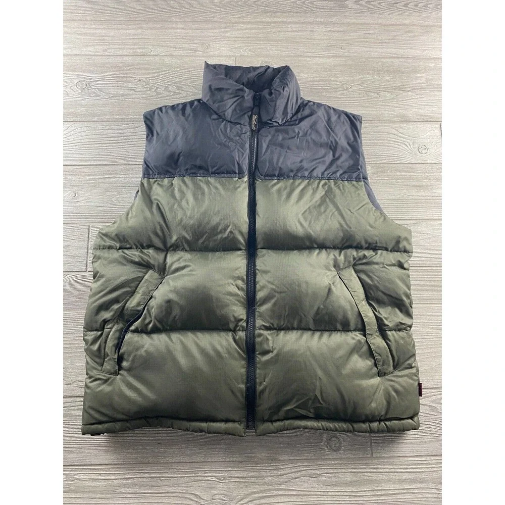 Woolrich Green/Black Goose Down Puffer Mens Large Vest Full Zip Winter Mock Neck